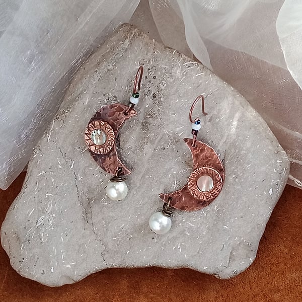 Rustic Copper Crescent Moon Earrings with amber beads and mother of pearl