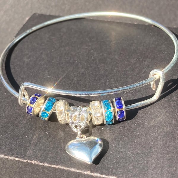 Adjustable Expandable Silver Heart Charm Bangle with Coordinated Blue Bead Set
