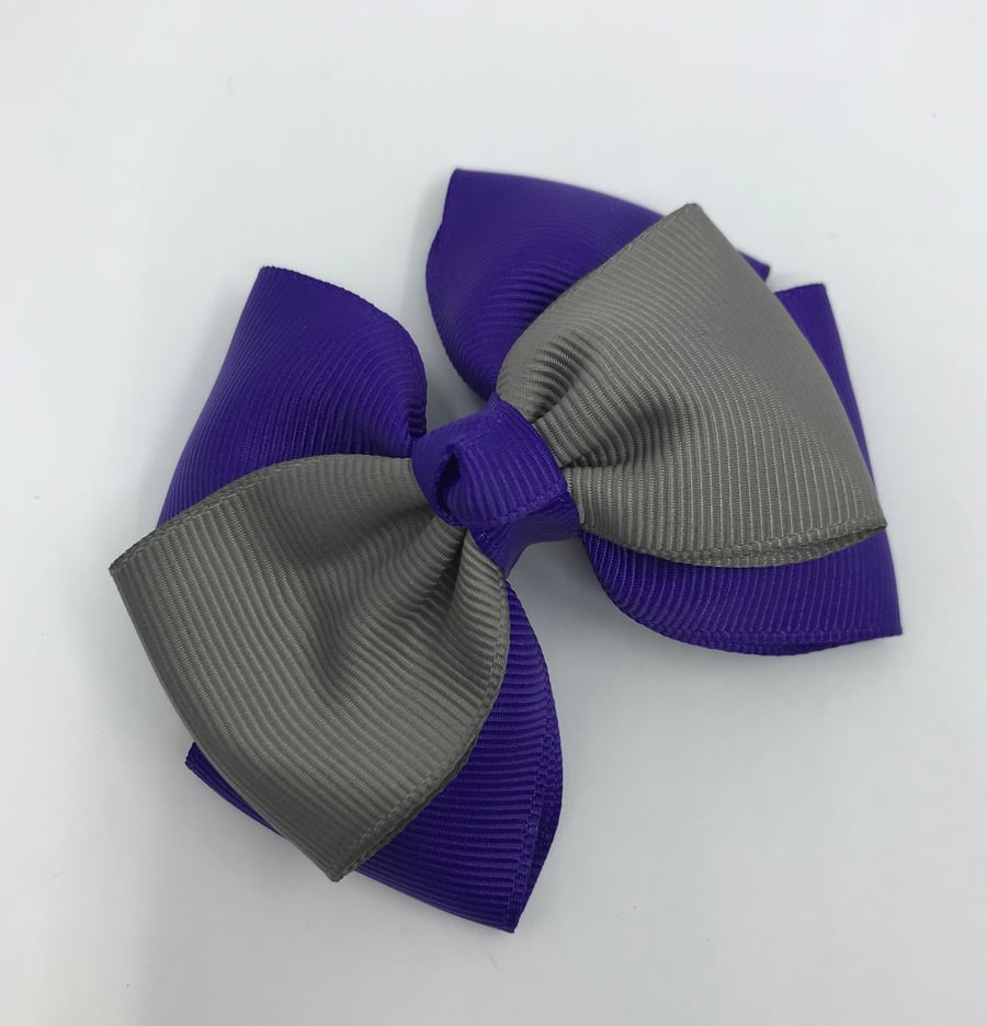 Purple and Grey Top Knot Bow on Clip