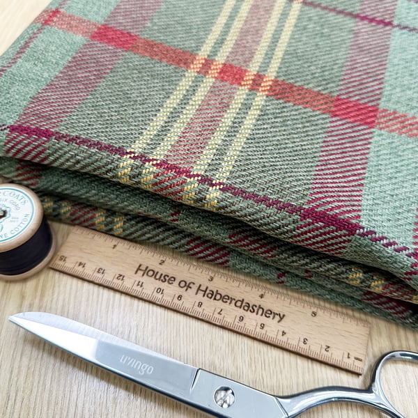 Grampian 'Brittany' Green & Red Tartan Check Faux Wool Upholstery Fabric