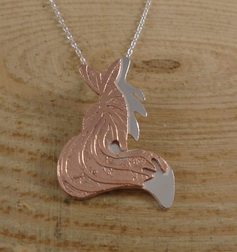 Sterling Silver and Copper Etched Fox Necklace
