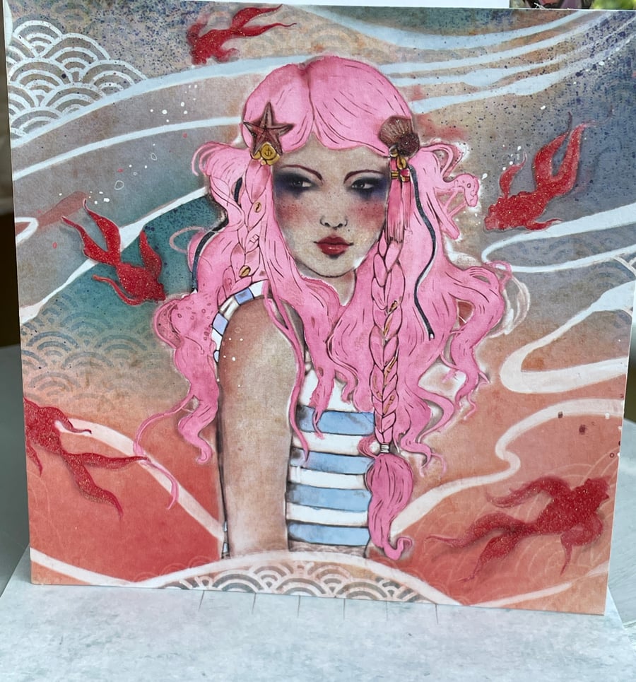 Dreamy pink haired girl in a watery scene greetings card