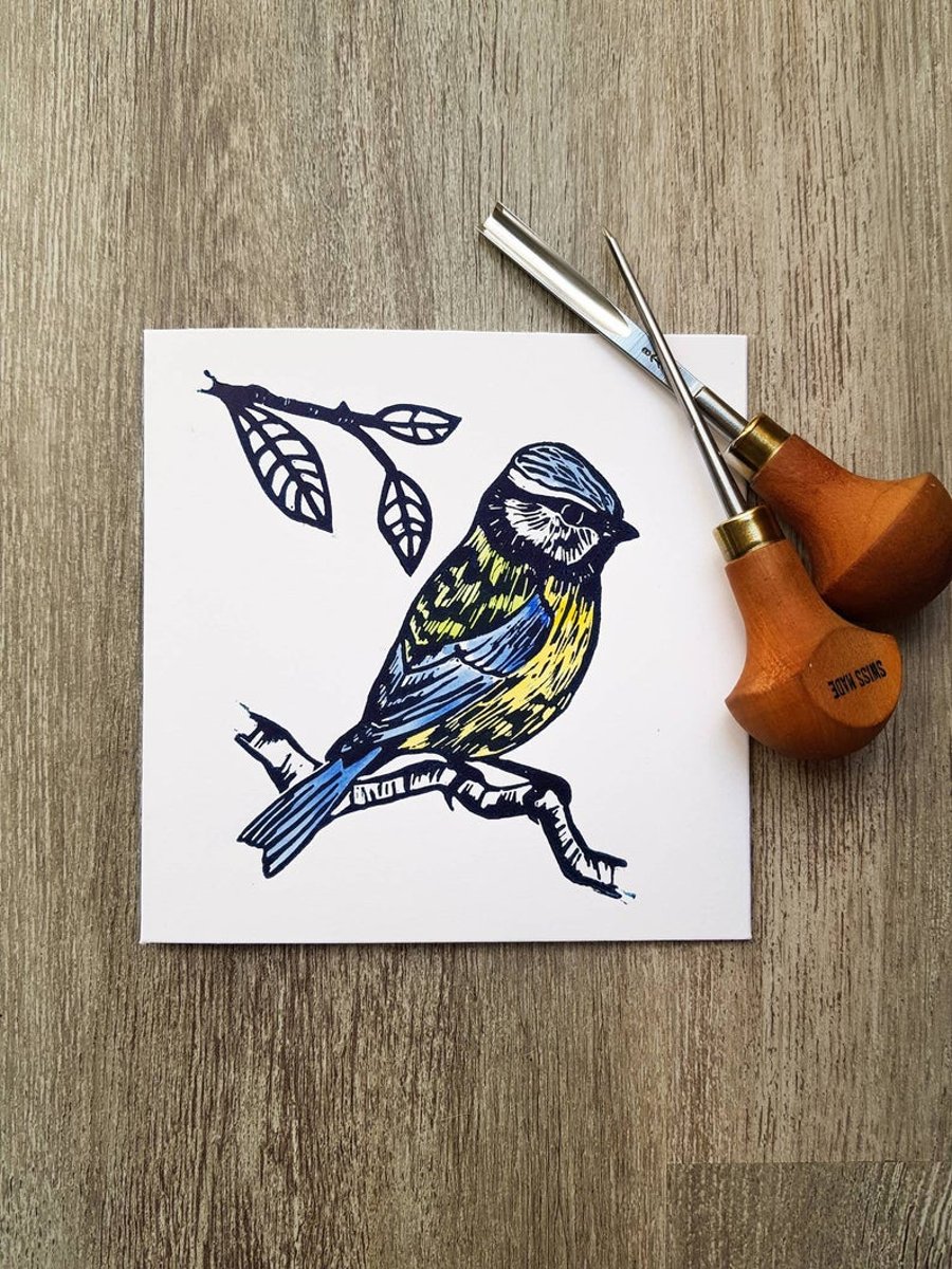 Handprinted Blue Tit lino print card
