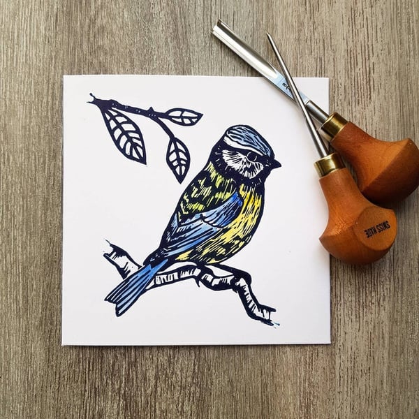 Handprinted Blue Tit lino print card