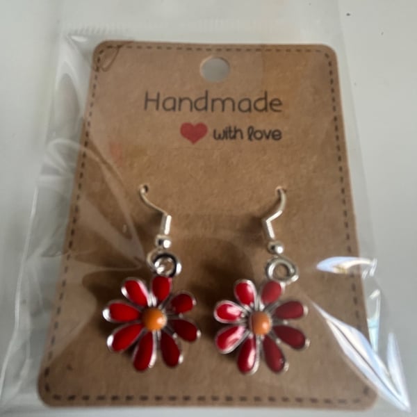 Sterling Silver Earrings - Daisies (Red) - Brand New & Sealed!! 