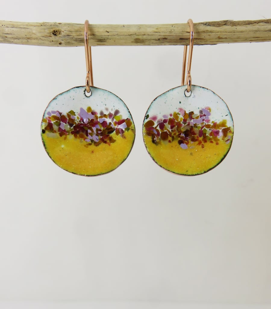 Copper Textured Dangle Earrings in Yellow and White with Glass Sprinkles