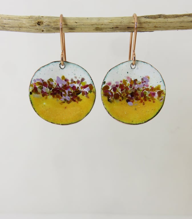 Copper Textured Dangle Earrings in Yellow and White with Glass Sprinkles