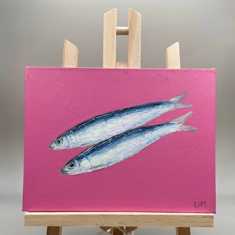 Fish Painting Sardine Original Art Kitchen Wall Art Food Miniature Painting on C