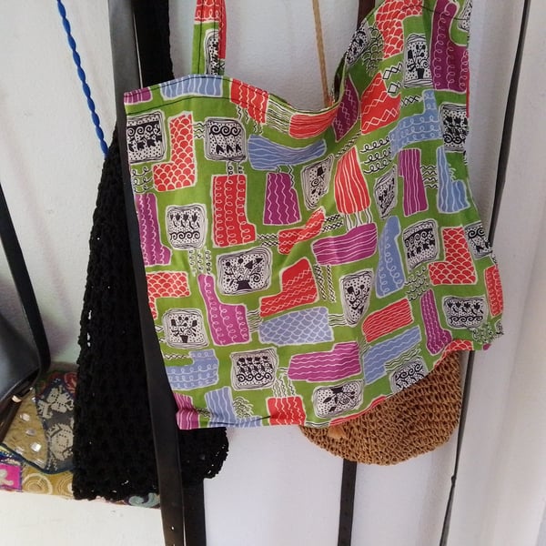 Vintage fabric handmade tote bag in green or blue green colourway