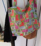 Vintage fabric handmade tote bag in green or blue green colourway