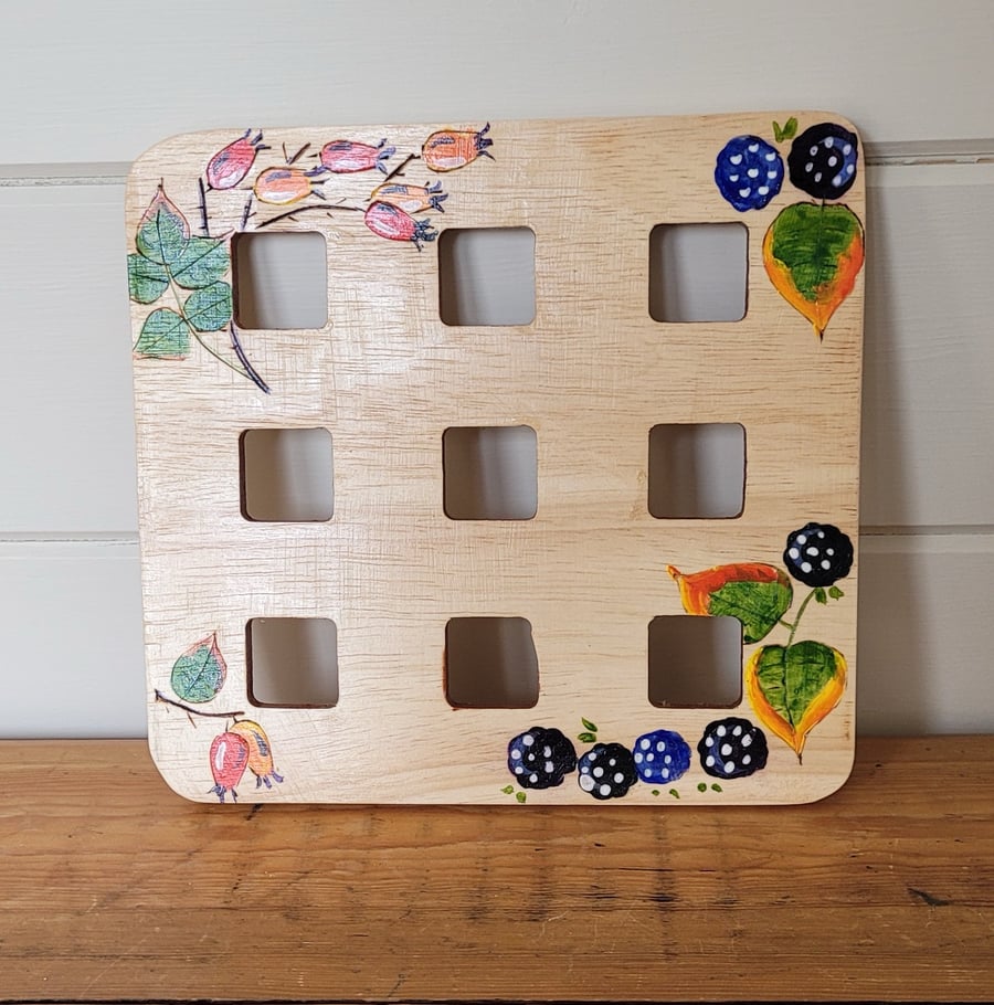 Wooden Trivet Decorated With Blackberries And Rosehips