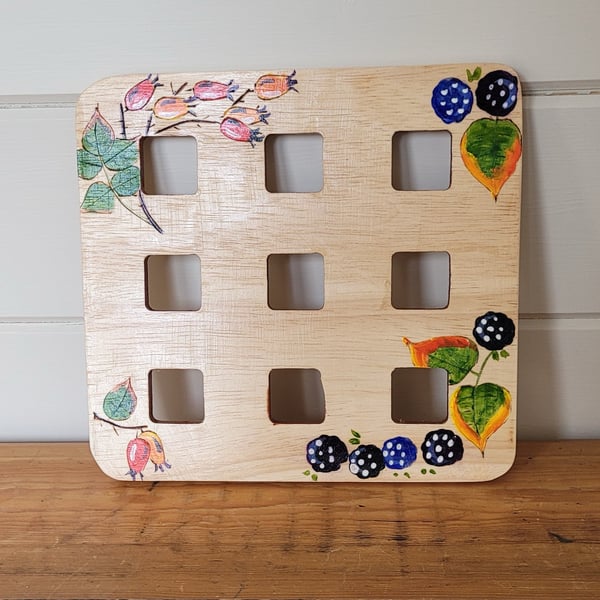 Wooden Trivet Decorated With Blackberries And Rosehips