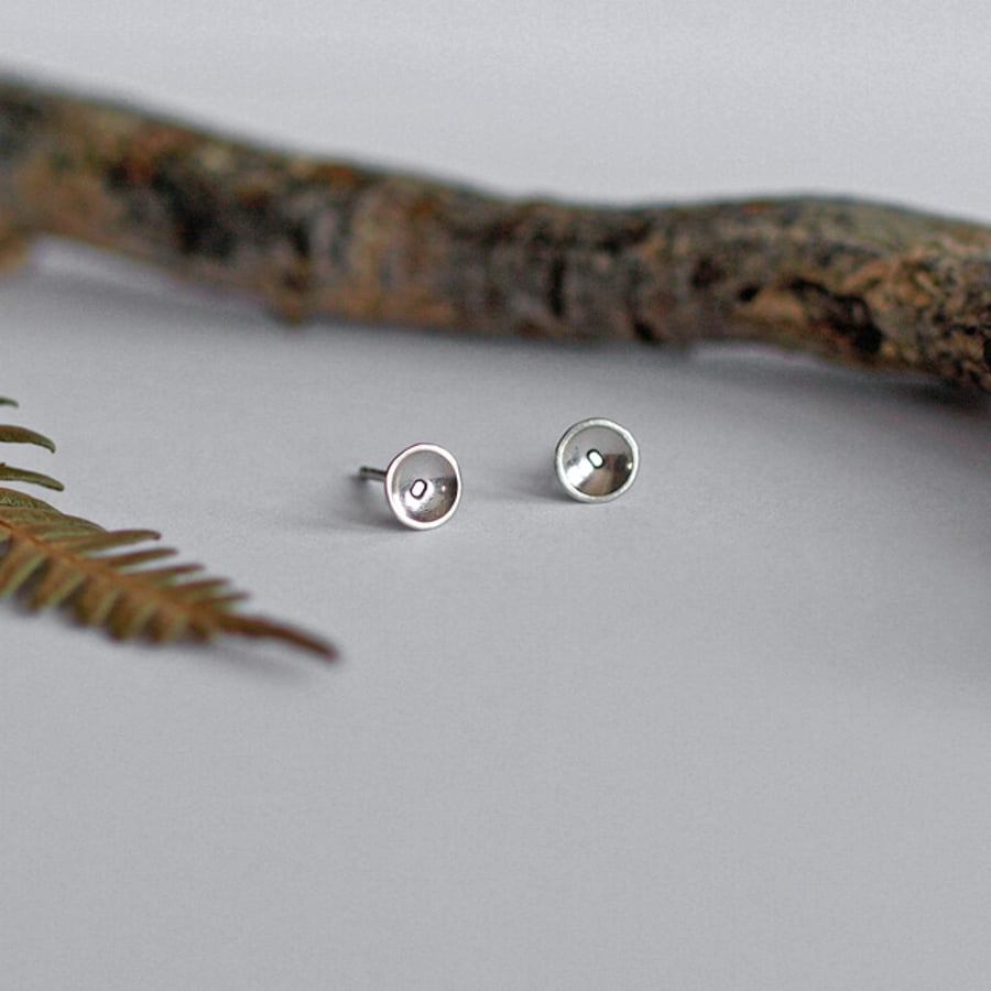 Tiny Sterling Silver Dome Stud Earrings with Circle Detail