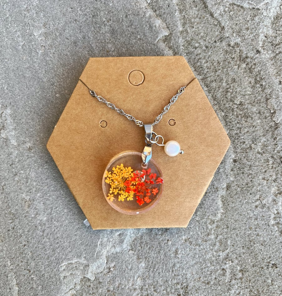 Autumnal Coloured Dried Flower Resin & Pearl Necklace