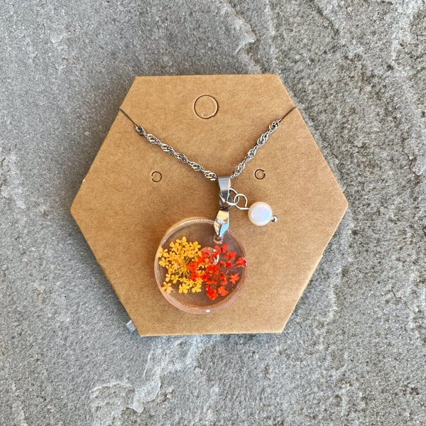Autumnal Coloured Dried Flower Resin & Pearl Necklace