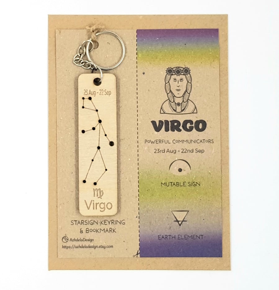 Virgo Zodiac Star Sign Constellation Wooden Keyring & Bookmark Gift
