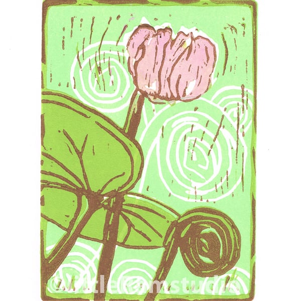 Cyclamen - Pink Cyclamen Flower - Linocut Print