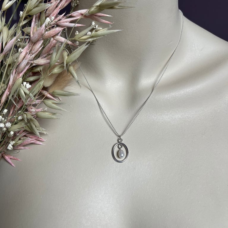 Oval Hoop Pearl Pendant & 18" Ball Chain - Handmade, Sterling Silver