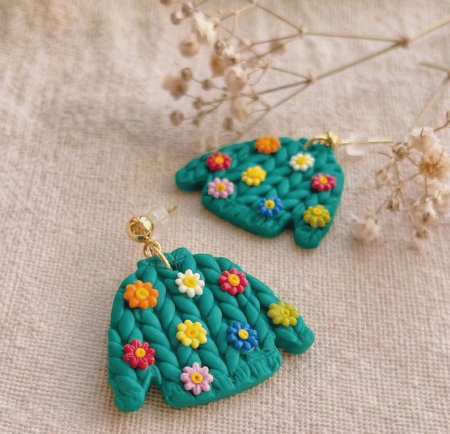 Cottagecore Flower Jumper Earrings - Teal Knit Effect Polymer Clay Jewellery