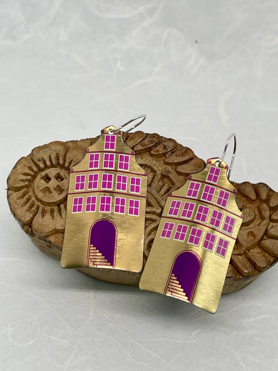 Gold Dutch Style House Recycled Tin Earrings with Silver