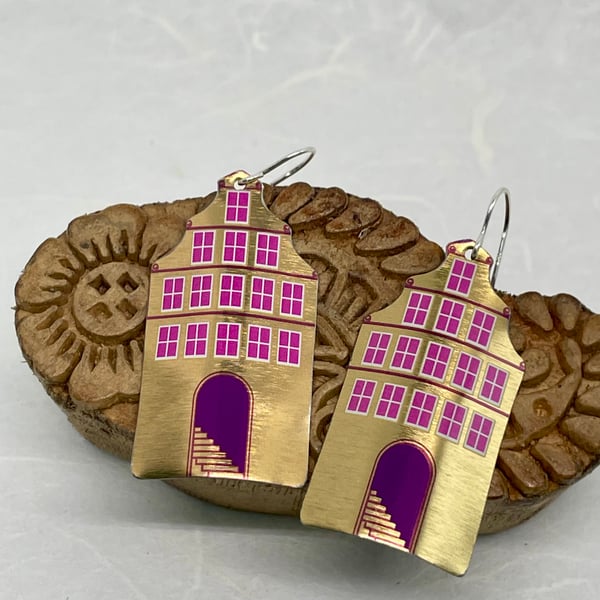 Gold Dutch Style House Recycled Tin Earrings with Silver