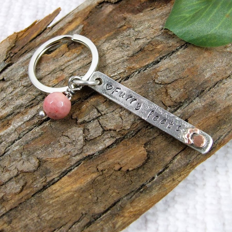 Bag Charm, Sterling Silver Bar Stamped Furry Feets with Paw Print & Rhodonite