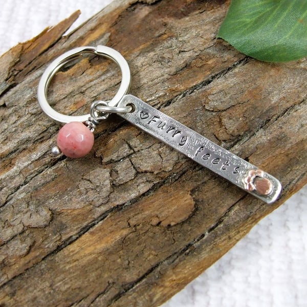 Bag Charm, Sterling Silver Bar Stamped Furry Feets with Paw Print & Rhodonite