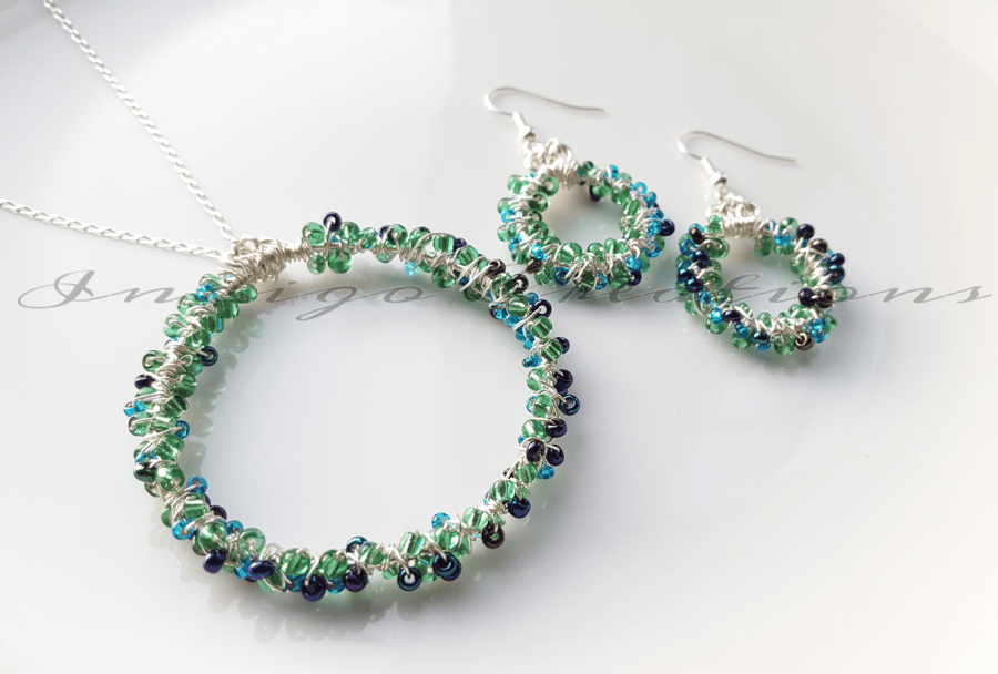 Necklace And Earring Set Green And Blue Seed Bead Wire Wrapped Set