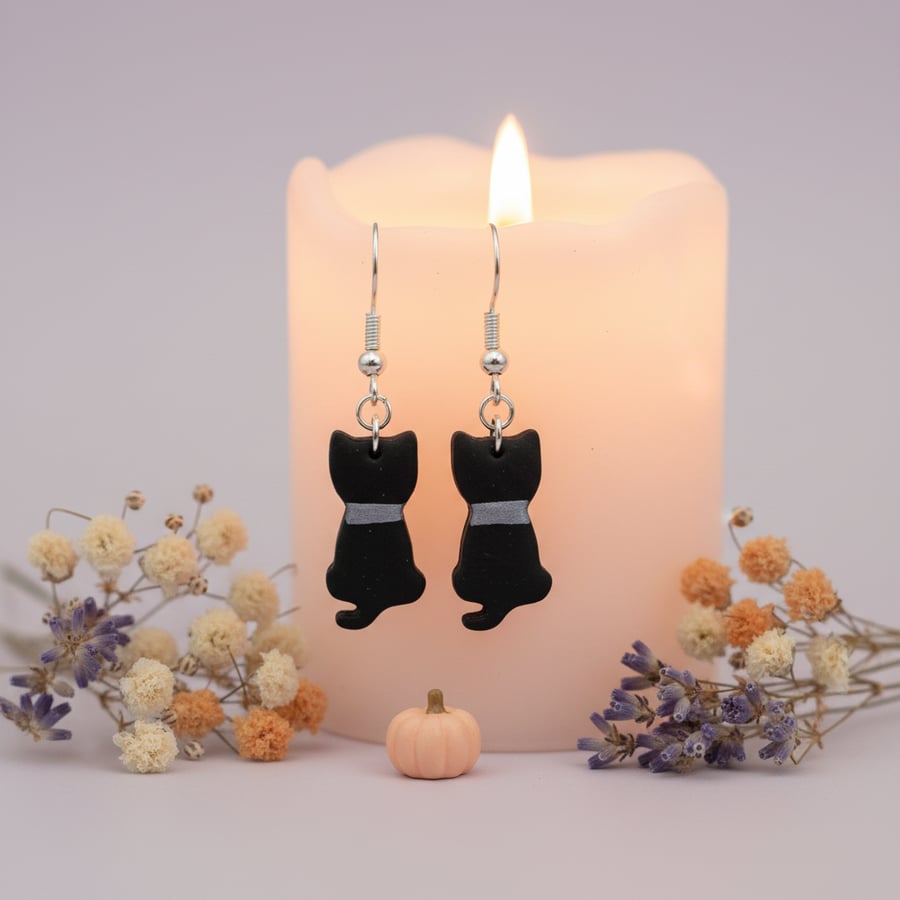 Black Cat Earrings, Polymer Clay Halloween Jewellery