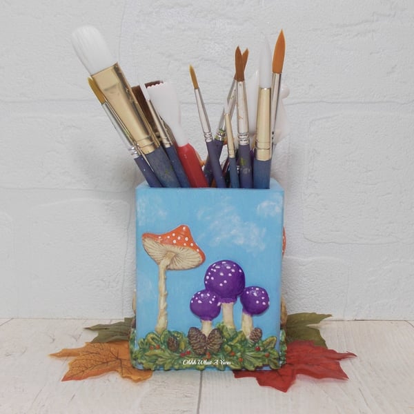 Blue sky and toadstools square pen pot. Pen pot. Desk organiser. 