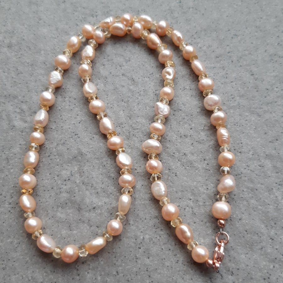 Peach Pearl Necklace With Citrine Semi Precious Gemstone Necklace