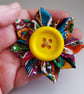 Multicolour Fabric Flower Brooch With Yellow Button - Bright Floral Pin - Image 1
