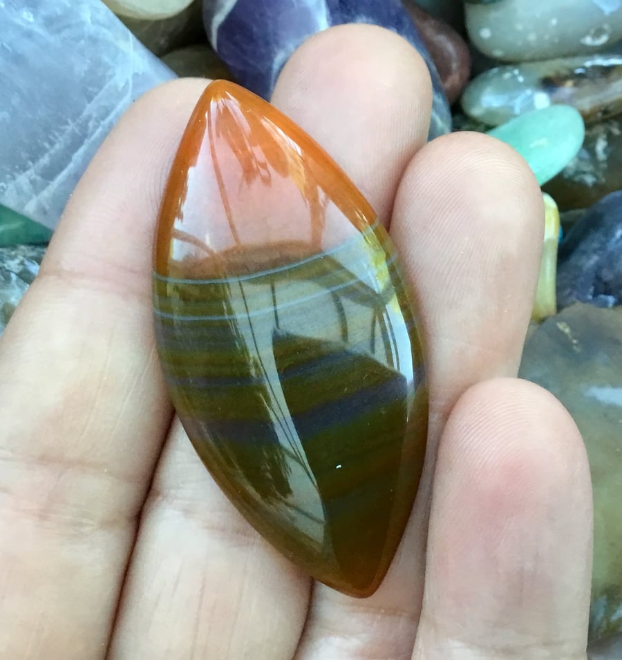 Stunning Green and Orange Banded Agate Marquise Cabochon Gemstone