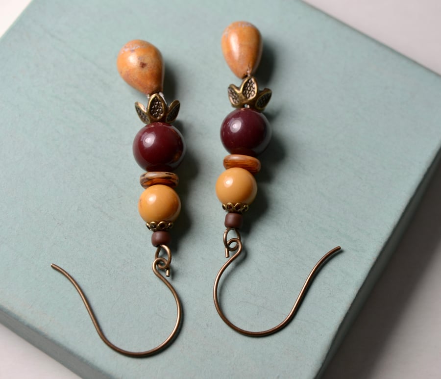 Mookaite drop earrings with artisan ceramics