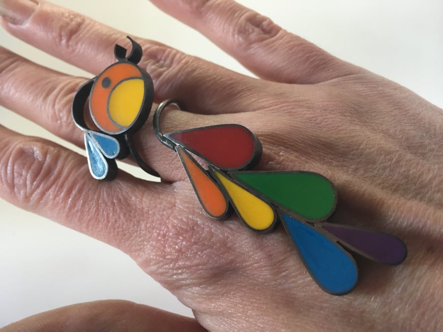 Statement handmade Rainbow bird ring, made in brass, silver and resin