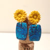 Yellow flower in vase clay earrings 