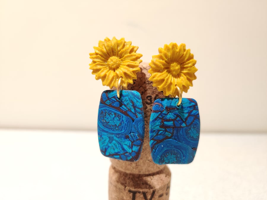 Yellow flower in vase clay earrings 