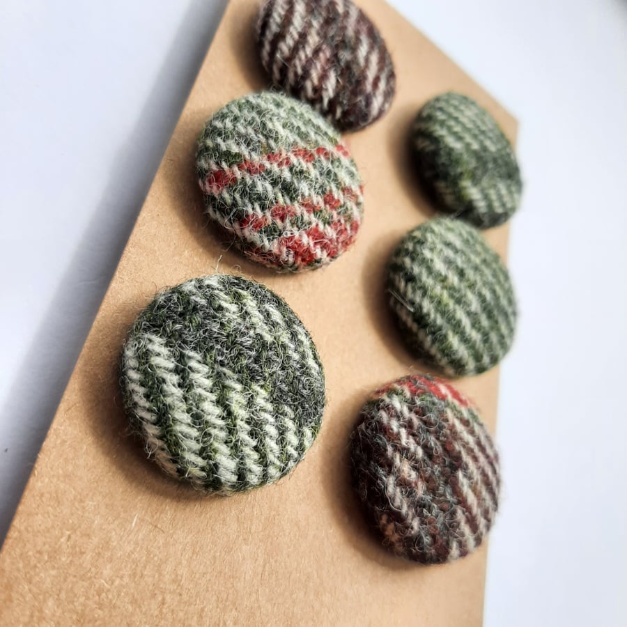 Set of six scrap bag buttons - tweed fabric in green, brown, red and cream