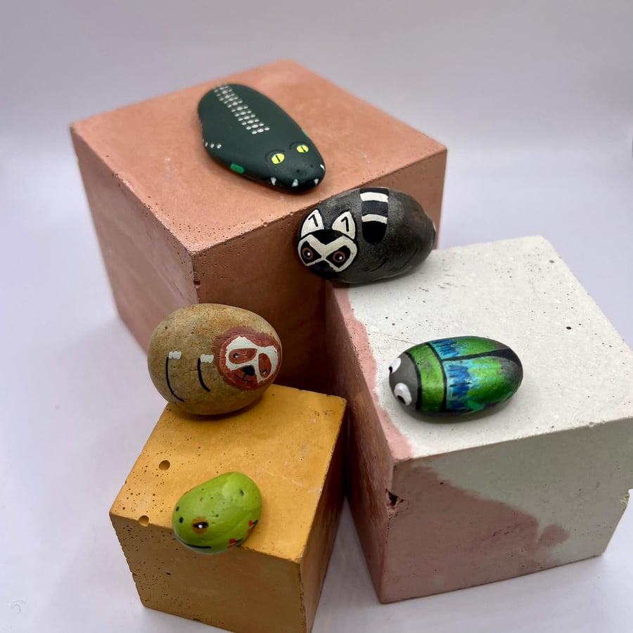 5 hand-painted pebble pets in a box