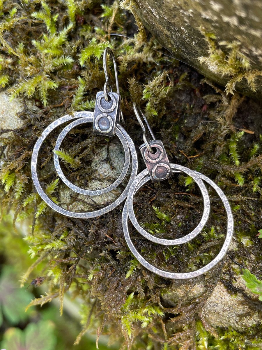 Oxidised silver large ring earrings