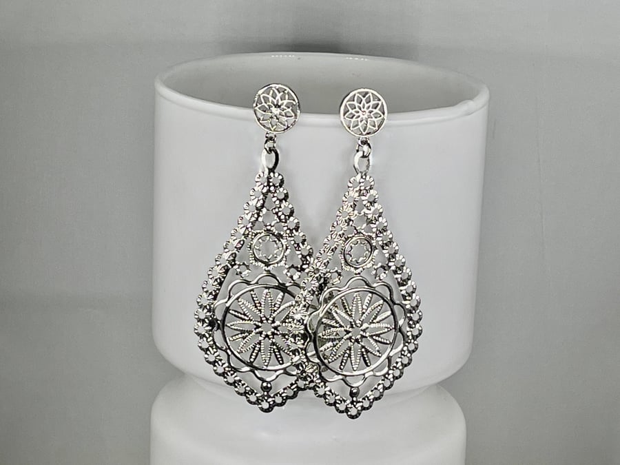 MANDALA DROP EARRINGS SILVER PLATED extra large filigree light hippie boho trend