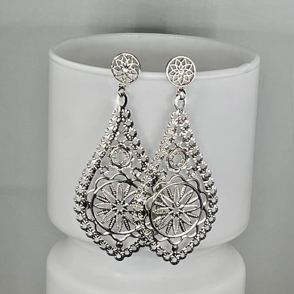 MANDALA DROP EARRINGS SILVER PLATED extra large filigree light hippie boho trend