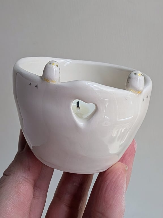 Handmade tealight with 2 snowy owls, hearts & birdprints, Perfectly Imperfect