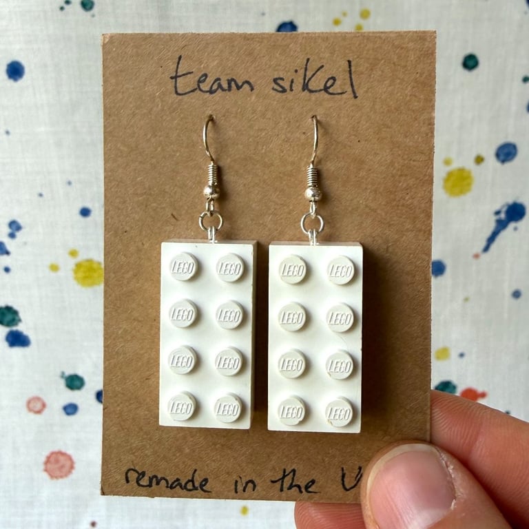 Upcycled White 2x4 Lego Earrings - Silver Plate - Old Stock - Super Seconds