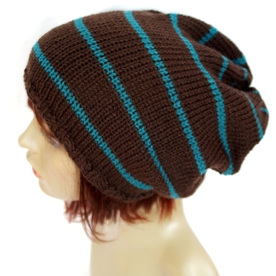 Knitted Brown and Teal Slouchy Tam  Beanie Hat