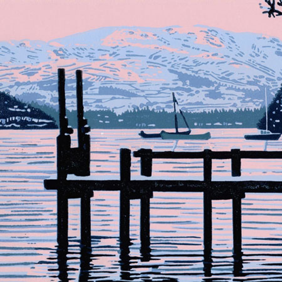 Winter Sunset on Lake Windermere - Limited Edition Linocut Reduction Print