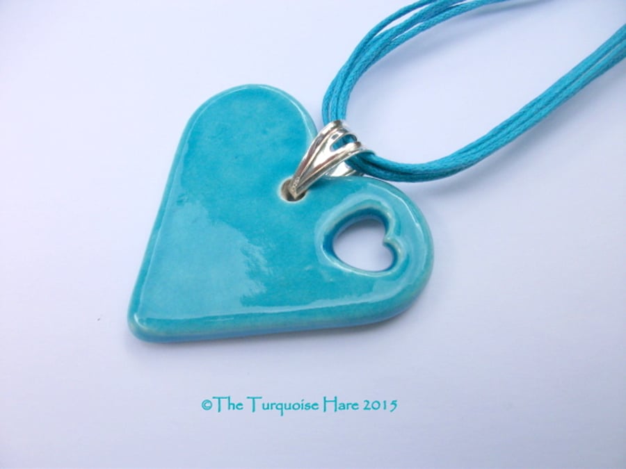 Sale - Turquoise ceramic heart pendant necklace - corded necklet