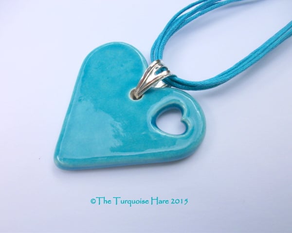 Sale - Turquoise ceramic heart pendant necklace - corded necklet
