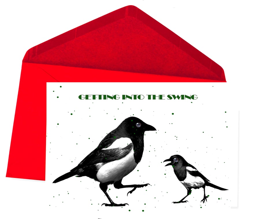 SALE - Christmas Card, Magpies Dancing; Getting into The Swing