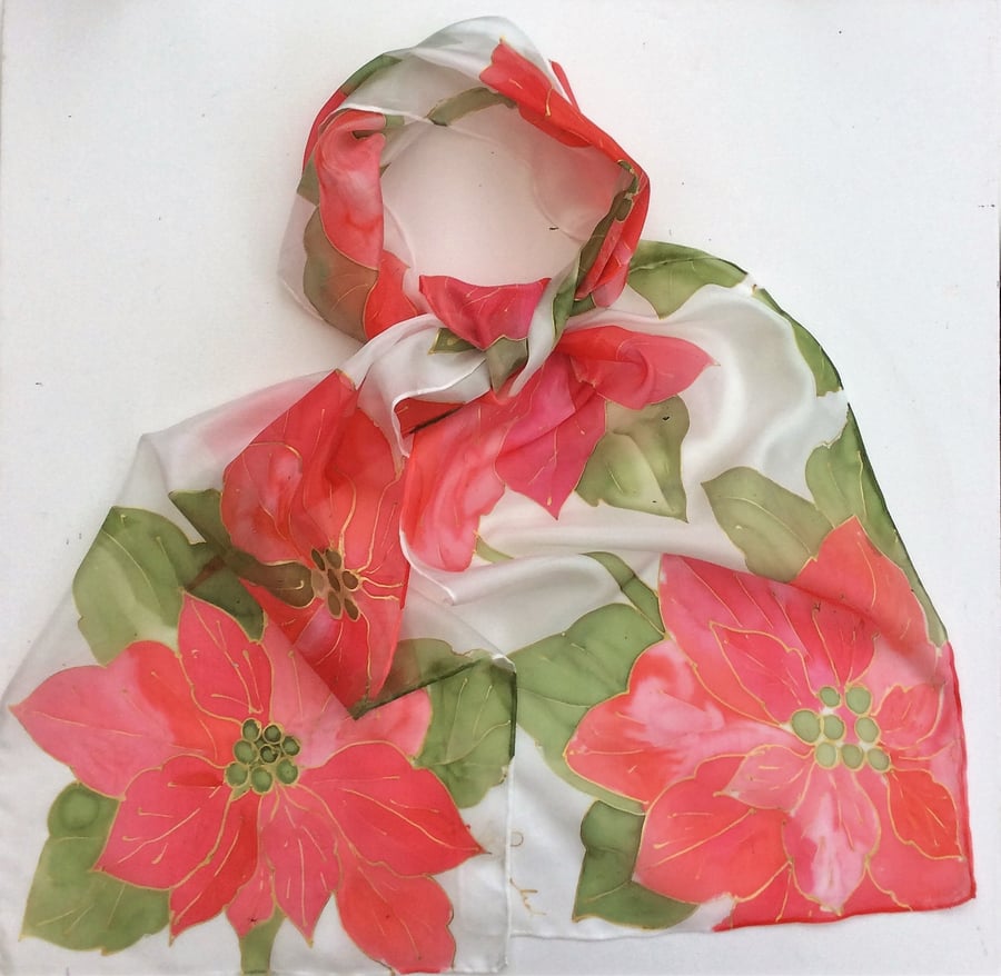 Red Poinsettias hand painted silk scarf